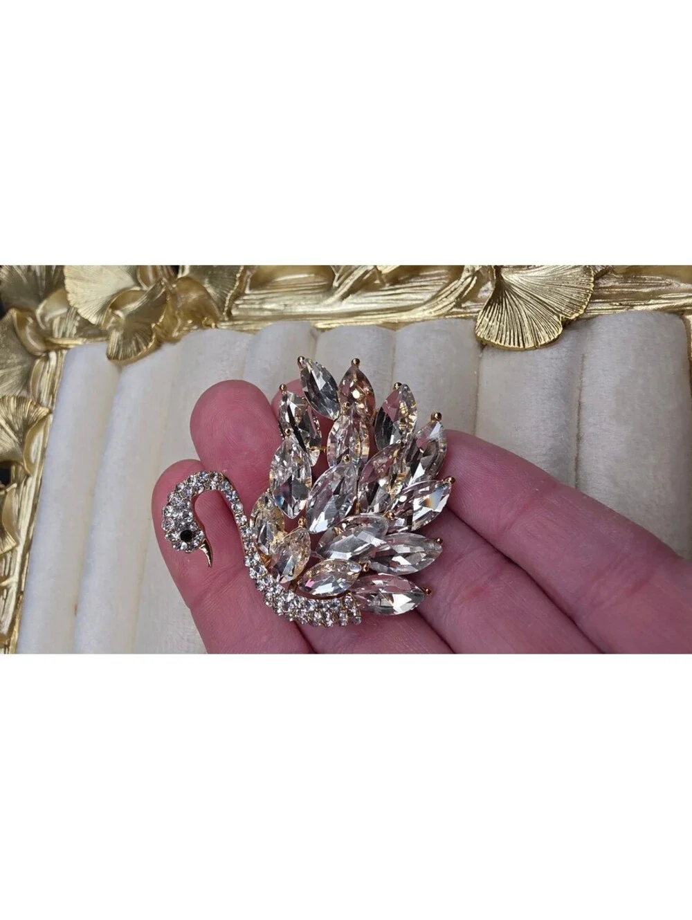 Elegant Gold-Tone Swan Brooch with Clear Crystals, Fashion Jewelry